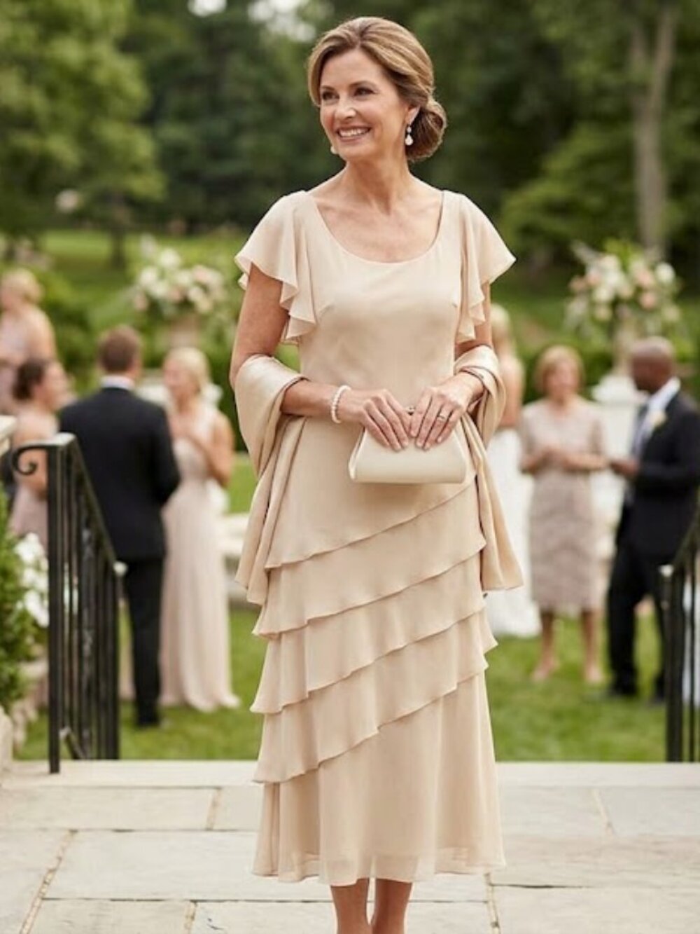Cameron Blake Cream Layered Ruffle Midi Dress 12P Mother of the Bride Formal